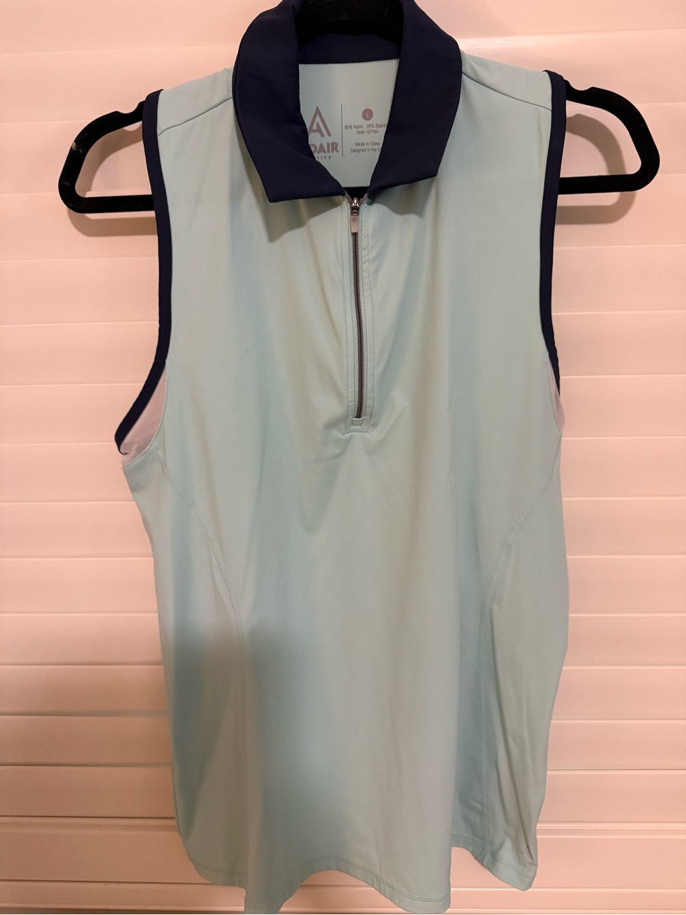 Adair Light Aqua Sleeveless golf Zip Polo  with Navy Trim